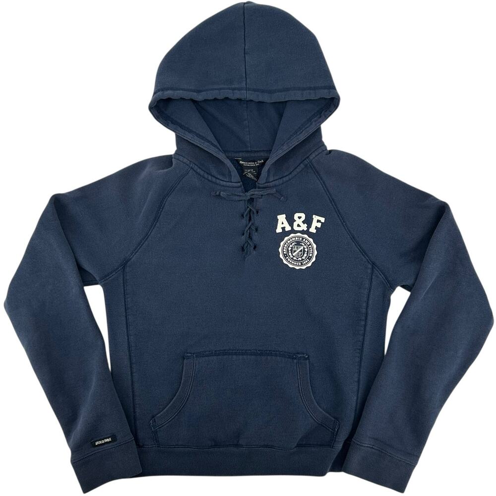 Vintage y2k Women's Navy Blue Abercrombie & Fitch Lace Up Hoodie Sweatshirt Sz M